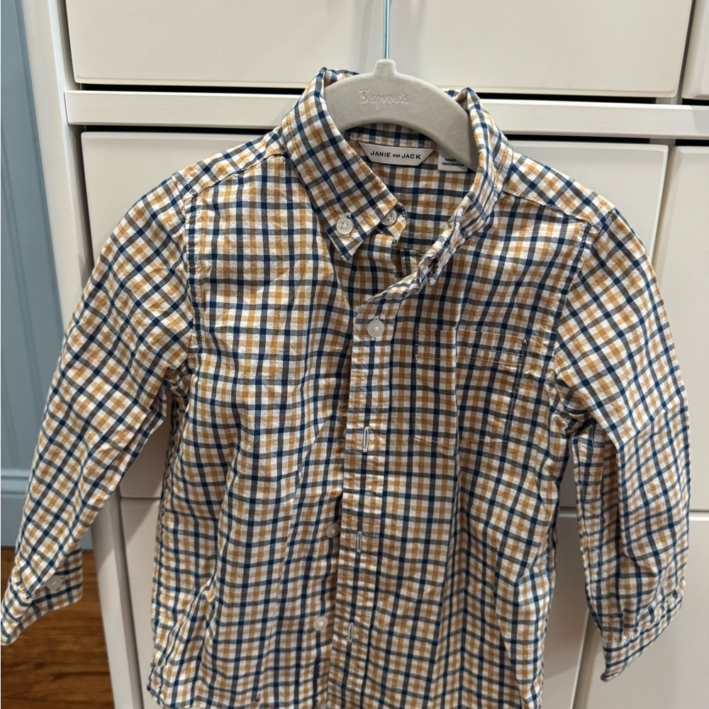 Janie and Jack Blue and Tan Plaid Button Down Shirt